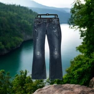 SILVER WOMEN'S DISTRESSED BLUE JEANS FLARED LEGS SIZE 29/33‎ VGC